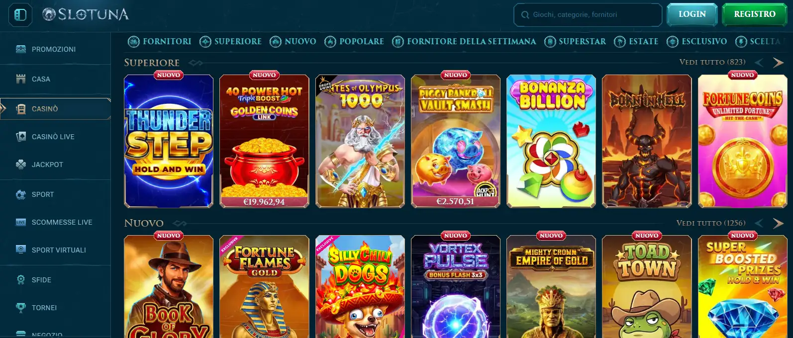 Lobby italiana di Slotuna con categorie di giochi e provider